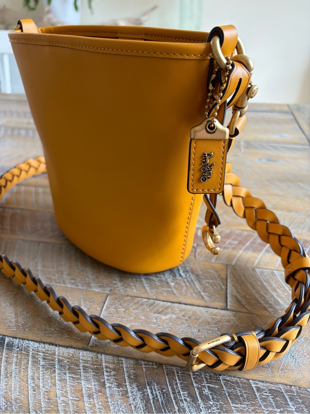 EUC Coach Mustard Leather Bucket Tote with Braided Strap - Picture 4 of 6